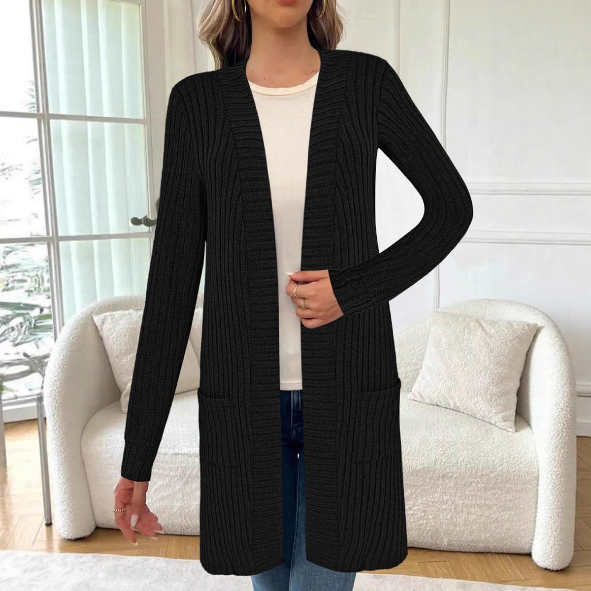 Lang vest voor dames met lange mouwen en zakken