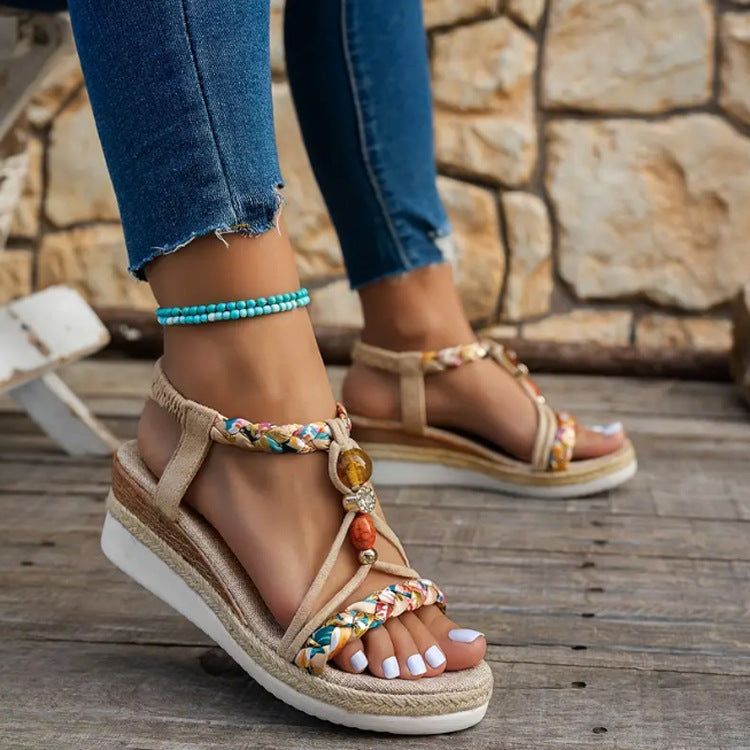 Sandali donna boho con plateau e cinturino intrecciato – estate, tempo libero e vacanze