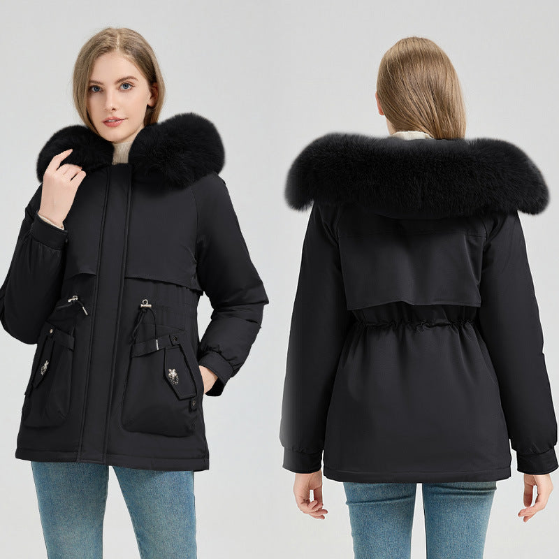 Korte mantel voor dames met capuchon van imitatiebont en koord in de taille