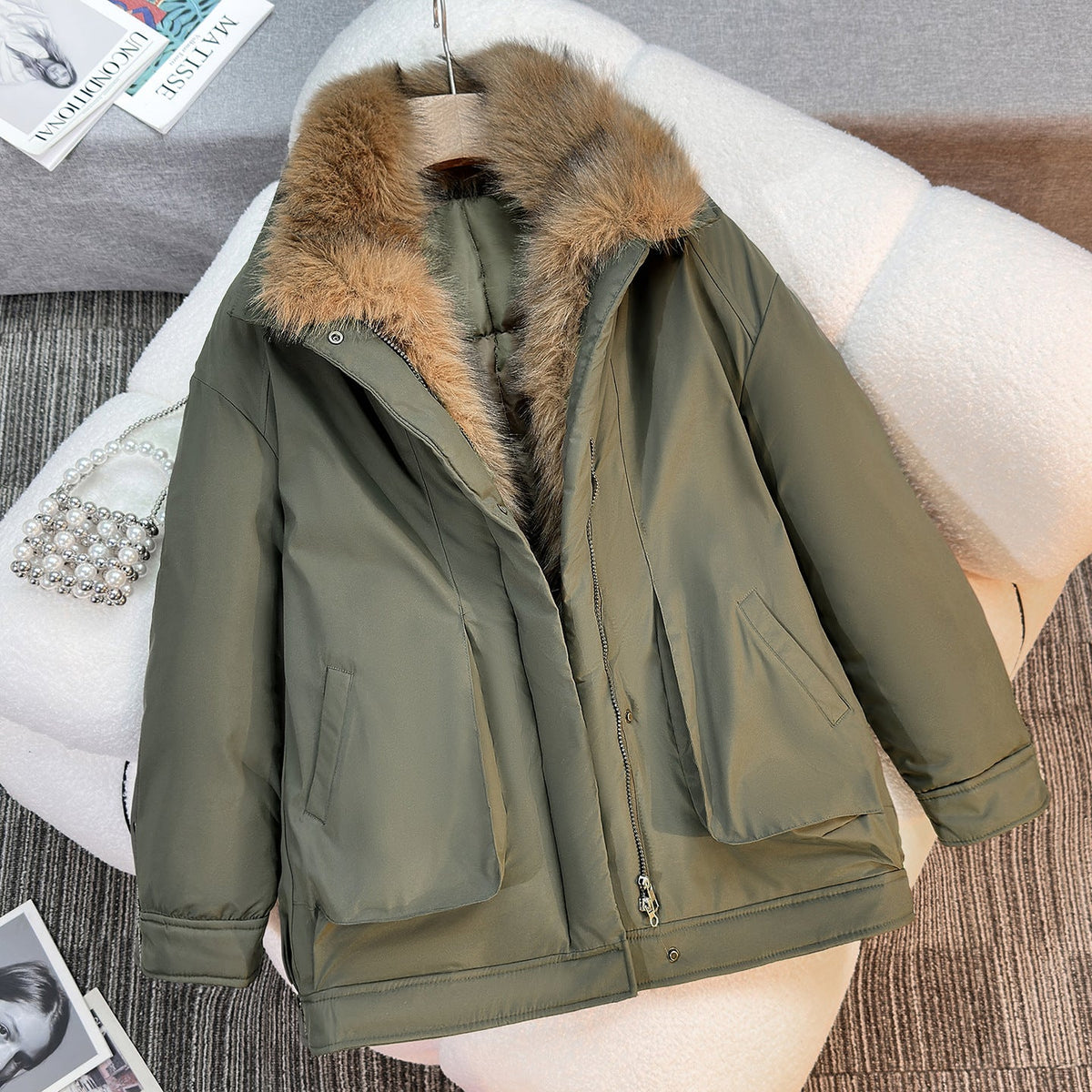 Halflange winterparka voor dames met afneembare kraag van imitatiebont