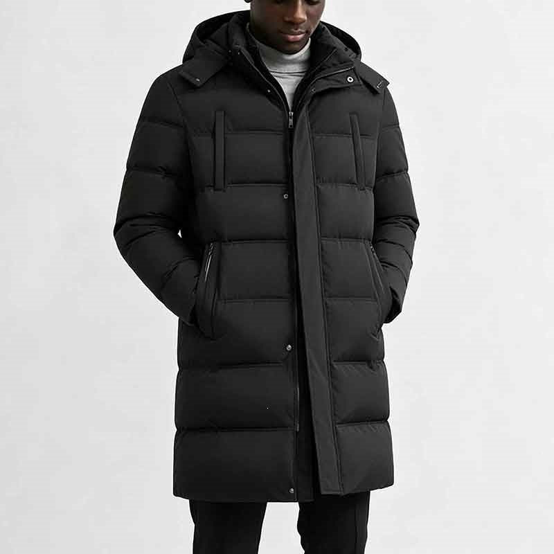Lange pufferjas voor heren met capuchon en zakken