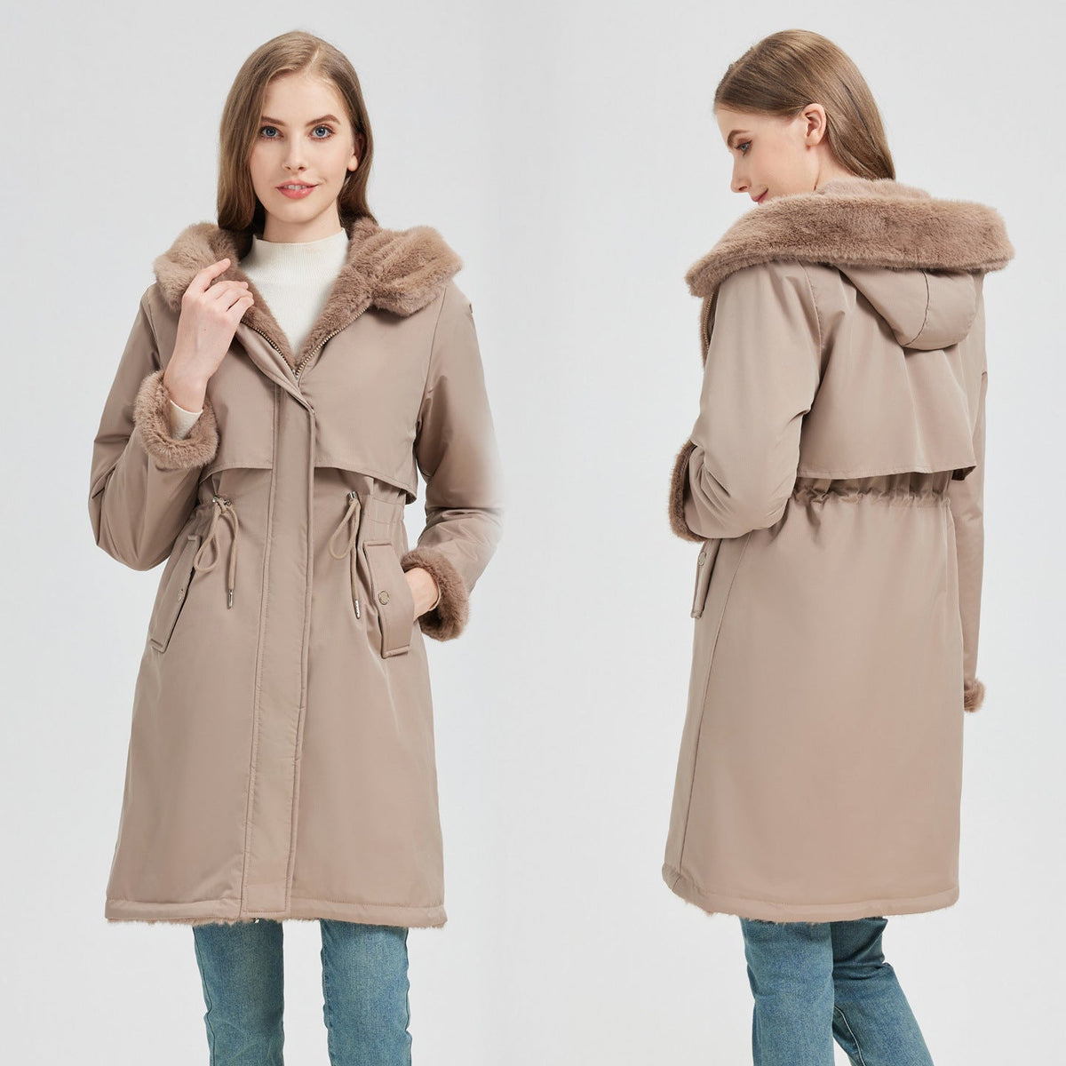 Lange parka voor dames met afneembare capuchon en verstelbaar koord in de taille
