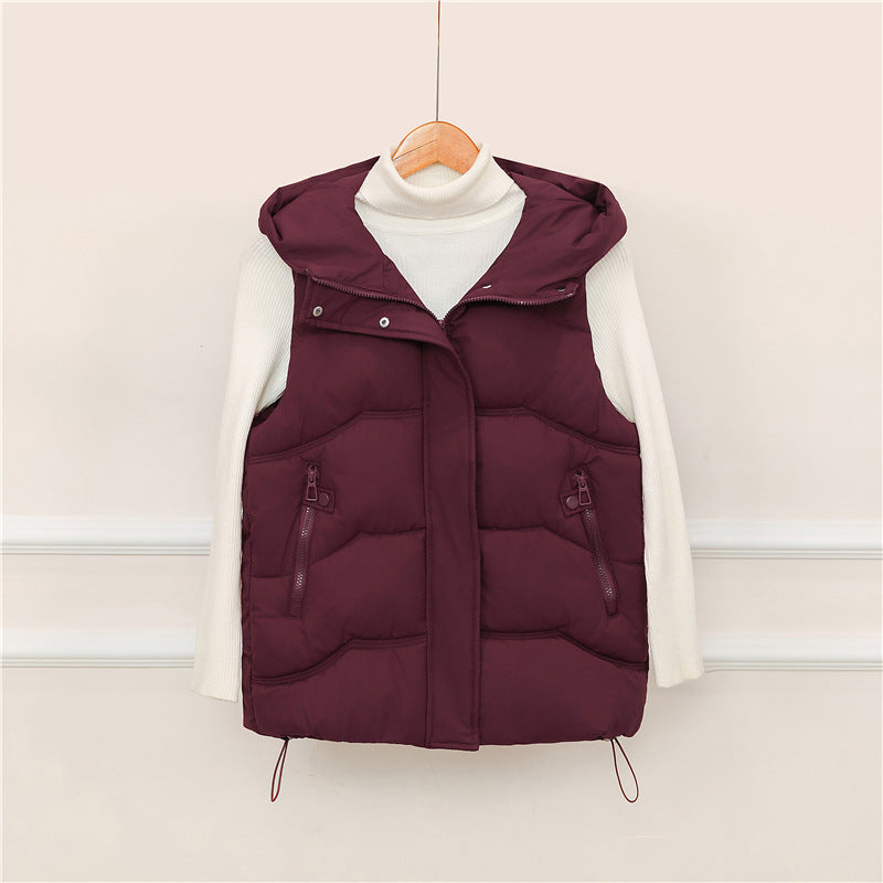 Gewatteerde bodywarmer voor dames met capuchon, koord en ritszakken