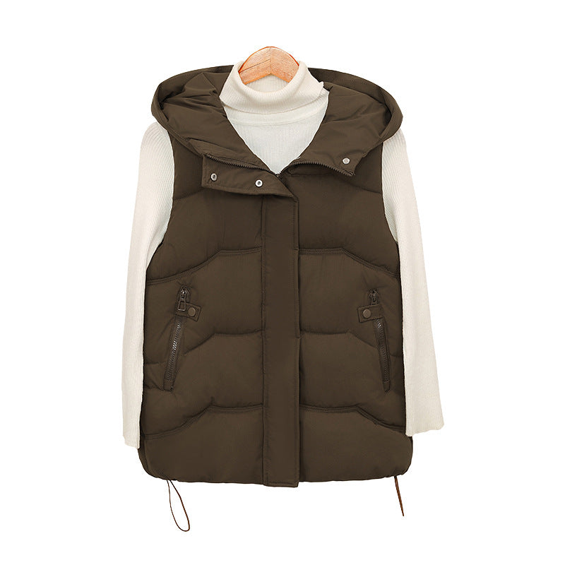 Gewatteerde bodywarmer voor dames met capuchon, koord en ritszakken
