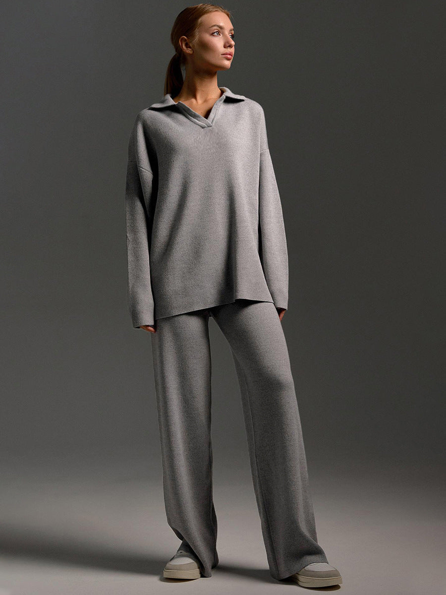 Conjunto de ropa lounge para mujer – Suéter de punto oversize con cuello y pantalón ancho – Cómodo y moderno para casa y ocio