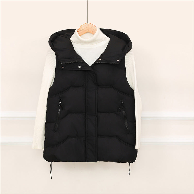 Gewatteerde bodywarmer voor dames met capuchon, koord en ritszakken