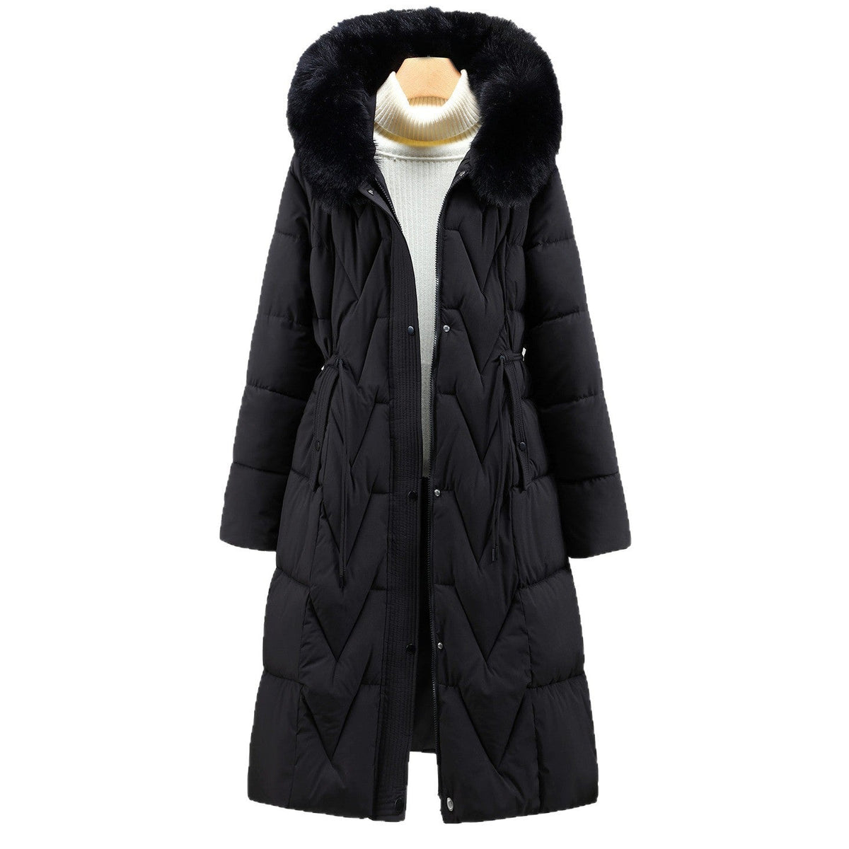 Lange parka voor dames met afneembare capuchon van imitatiebont en koord