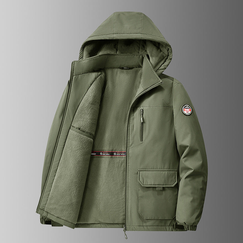 Gevoerde softshell-winterjas voor heren met capuchon en multifunctionele zakken