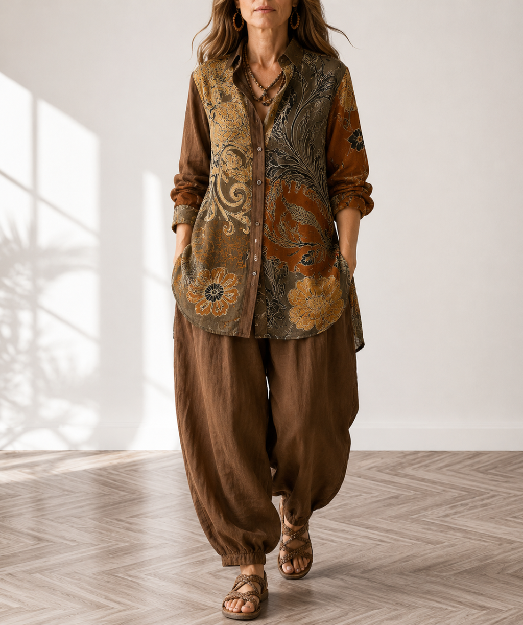 Nina | Gebloemde tweedelige set voor dames met top en broek, lange mouwen en knopen
