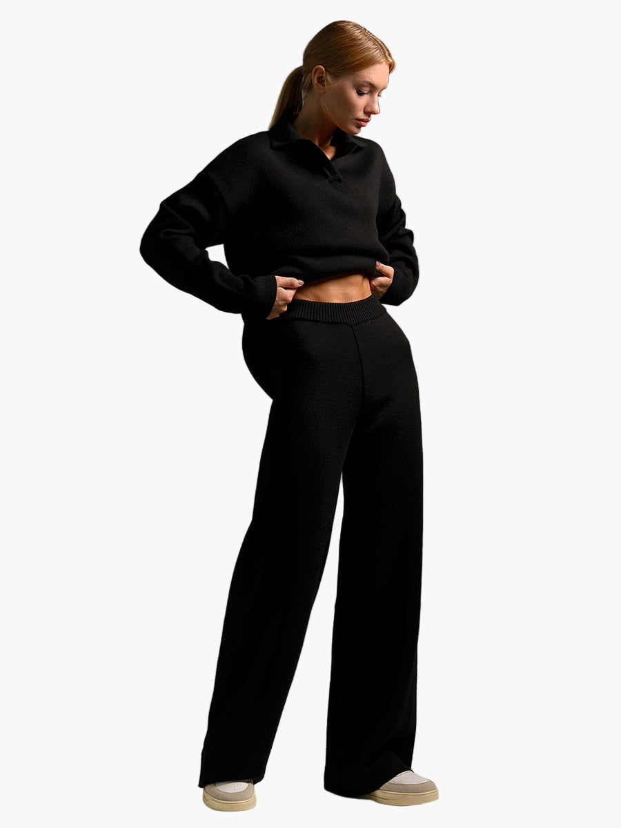 Conjunto de ropa lounge para mujer – Suéter de punto oversize con cuello y pantalón ancho – Cómodo y moderno para casa y ocio