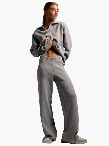 Conjunto de ropa lounge para mujer – Suéter de punto oversize con cuello y pantalón ancho – Cómodo y moderno para casa y ocio