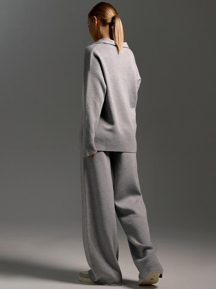 Conjunto de ropa lounge para mujer – Suéter de punto oversize con cuello y pantalón ancho – Cómodo y moderno para casa y ocio