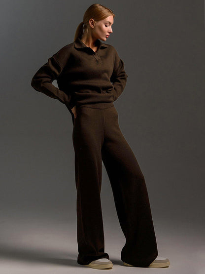 Conjunto de ropa lounge para mujer – Suéter de punto oversize con cuello y pantalón ancho – Cómodo y moderno para casa y ocio