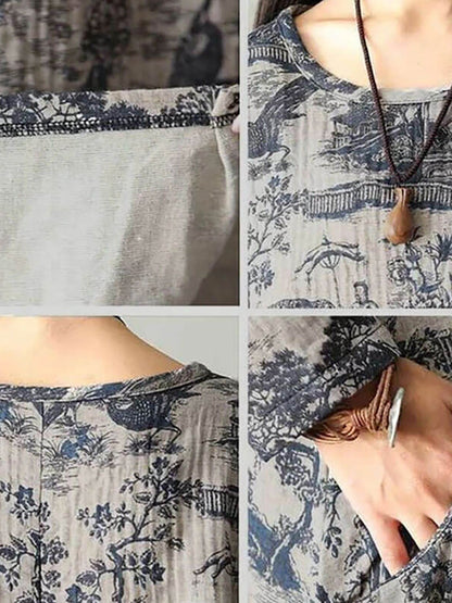 Damska sukienka midi z długim rękawem vintage casual, luźna, zimowa z kieszeniami i nadrukiem – idealna na jesień i zimę