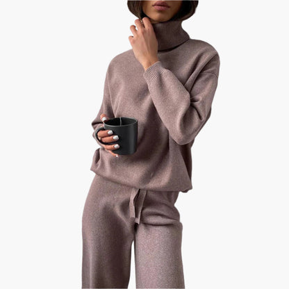 Completo due pezzi in maglia da donna con collo alto – Abbigliamento lounge e outfit per il tempo libero