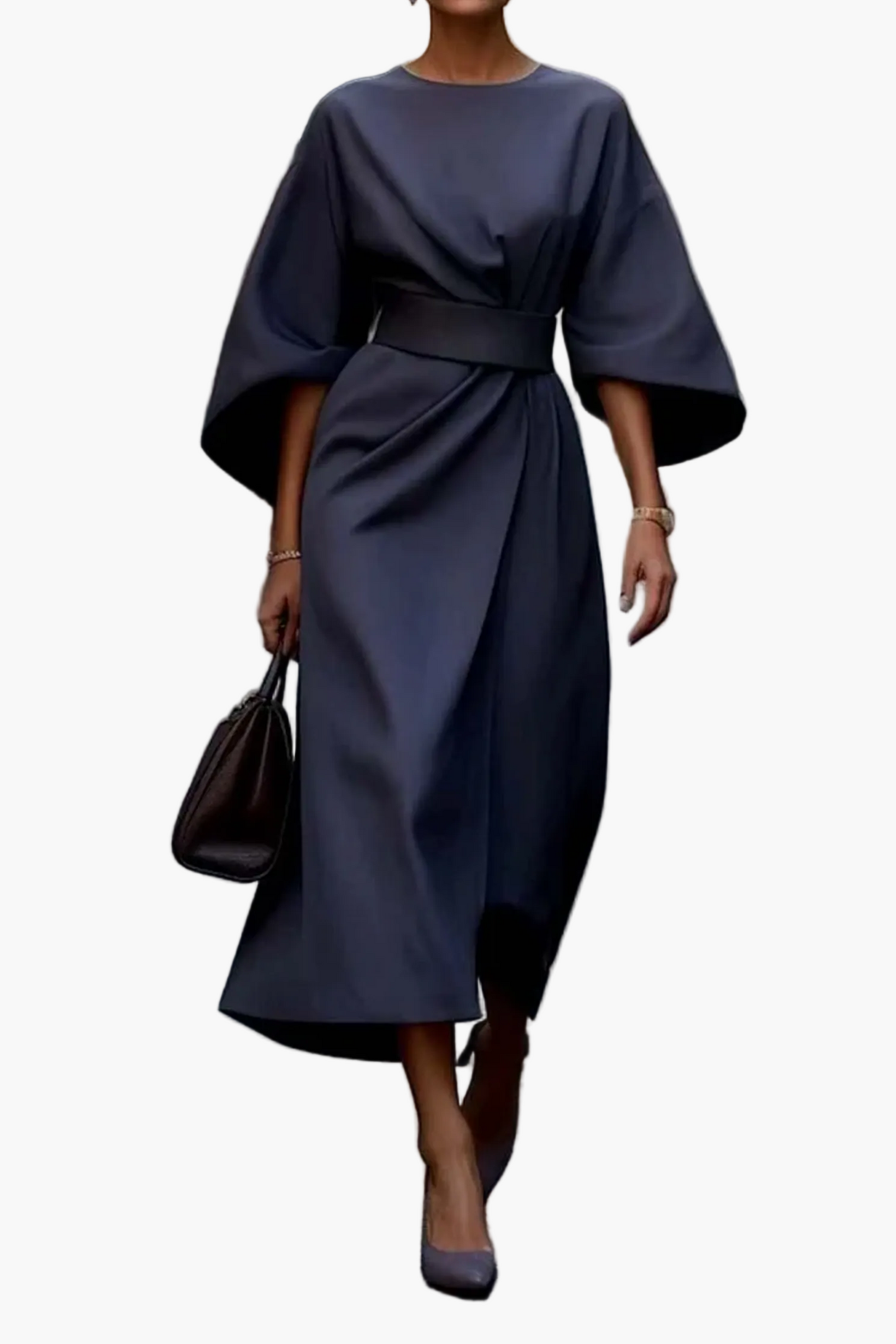 Damen Midi-Kleid mit Gürtel und eleganten Laternenärmeln – Stilvolles Business- & Anlasskleid