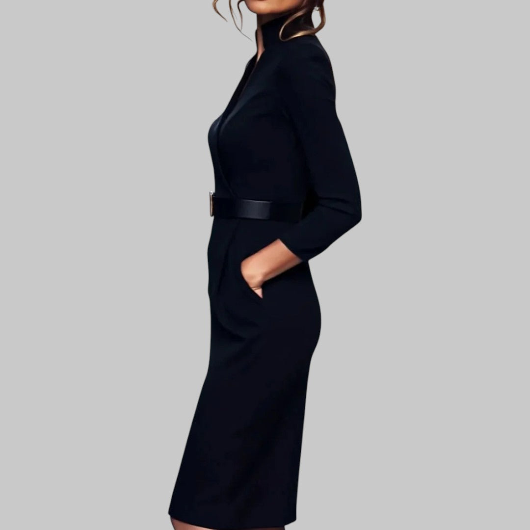 Abito Tubino Business da Donna con Cintura e Collo Alto – Elegante Abito Midi per Ufficio & Sera