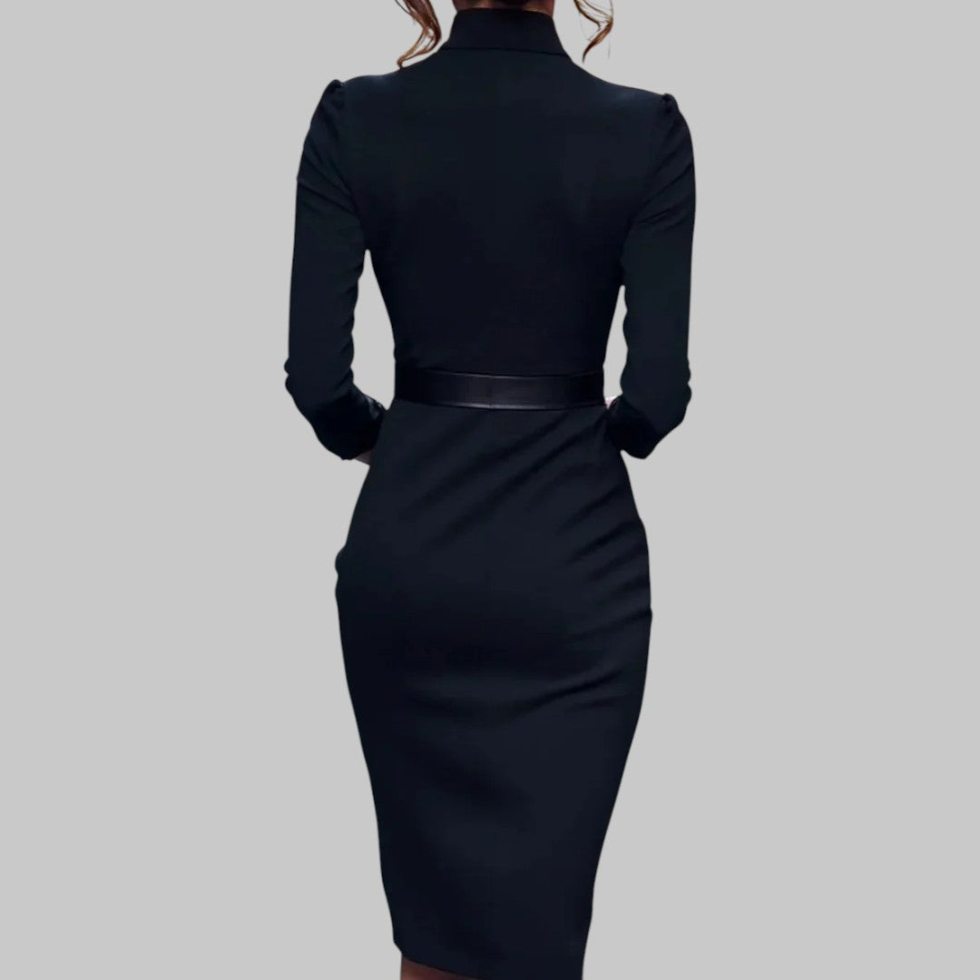 Abito Tubino Business da Donna con Cintura e Collo Alto – Elegante Abito Midi per Ufficio & Sera