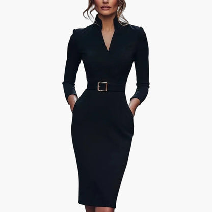 Abito Tubino Business da Donna con Cintura e Collo Alto – Elegante Abito Midi per Ufficio & Sera