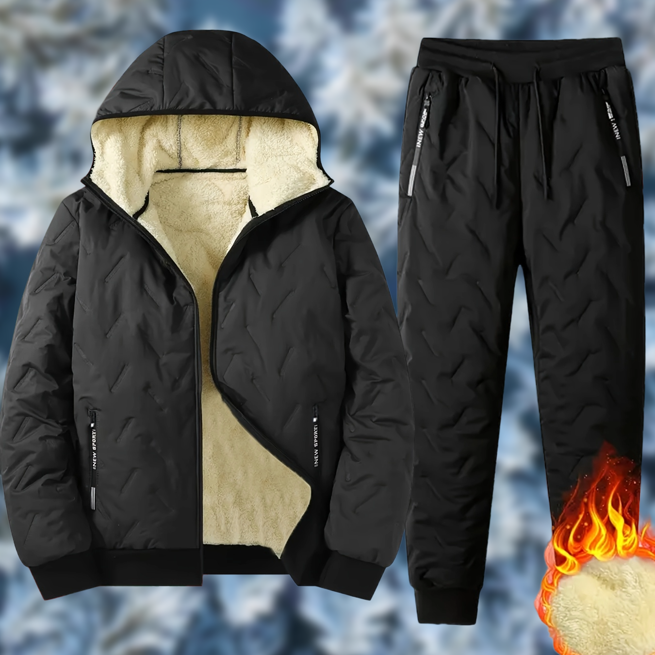 Completo da allenamento imbottito da uomo, giacca trapuntata con cappuccio e pantaloni trapuntati, invernale