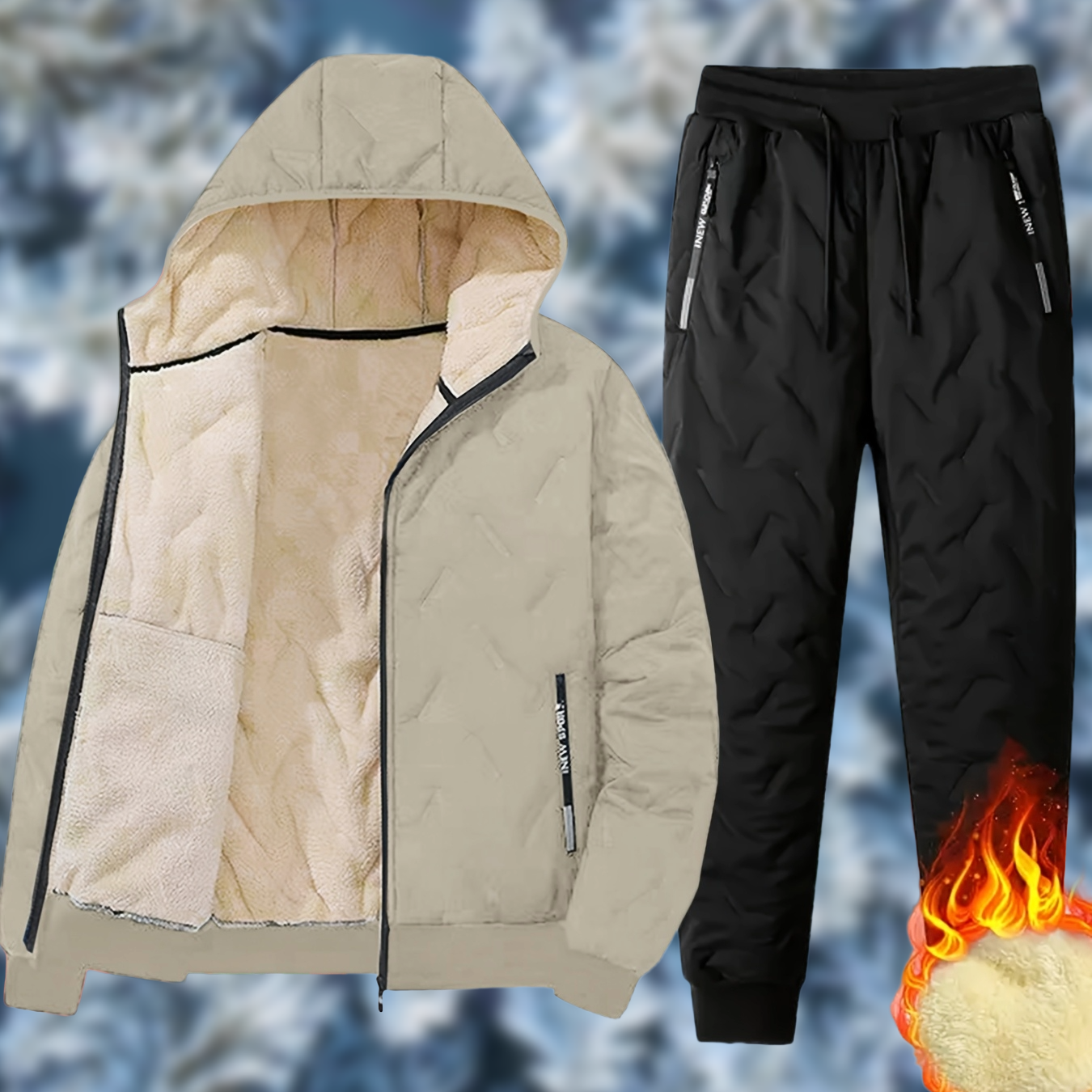 Completo da allenamento imbottito da uomo, giacca trapuntata con cappuccio e pantaloni trapuntati, invernale