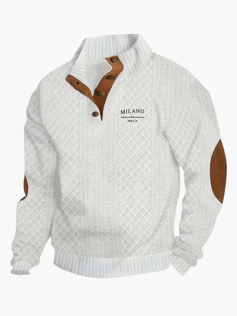 Heren gebreide trui Milano Italia vintage stijl met knoopsluiting en elleboogpatches – Vrijetijd & elegantie