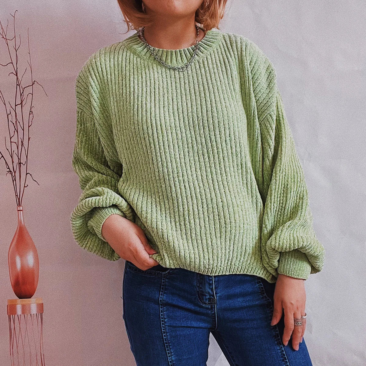 Gerippter Pullover Damen Weicher Rundhals Strickpullover Lange Ärmel
