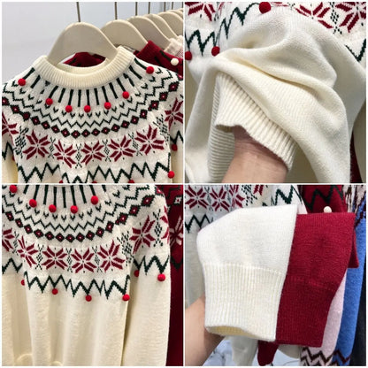 Pull pour femme en maille à motif Fair Isle, col rond, rouge et crème