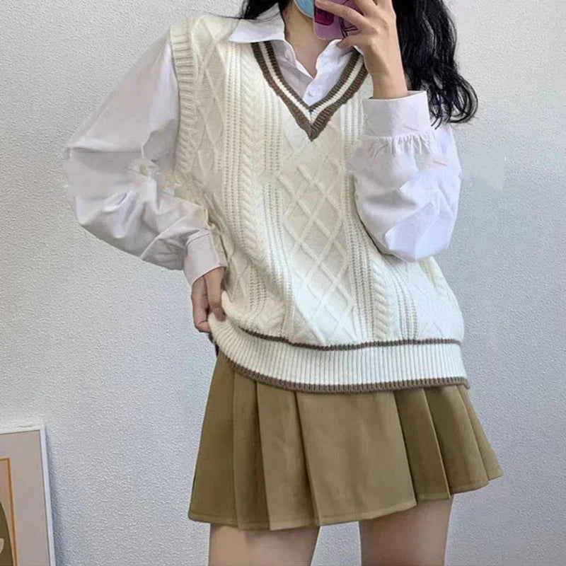 Strickpullunder Damen V-Ausschnitt Zopfmuster College-Stil