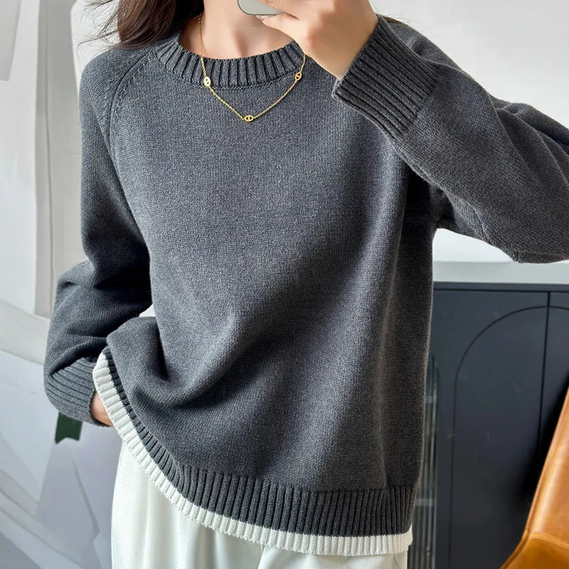 Damen Pullover Rundhals Rippbündchen Strick