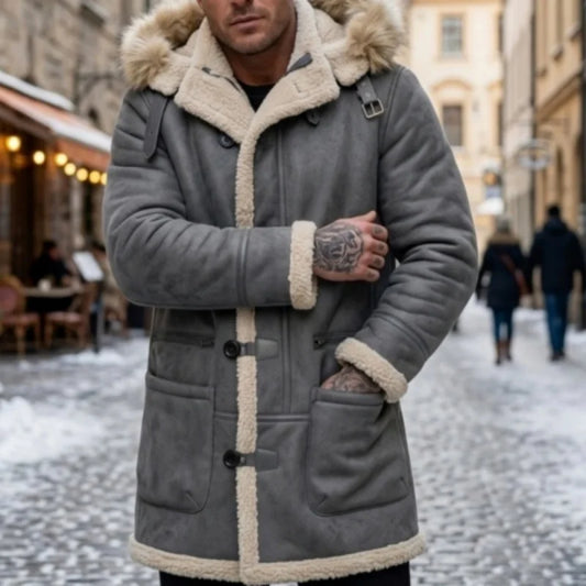 Herren Winterjacke mit Kapuze und Fellimitat Futter - Warm Gefütterter Parka Grau