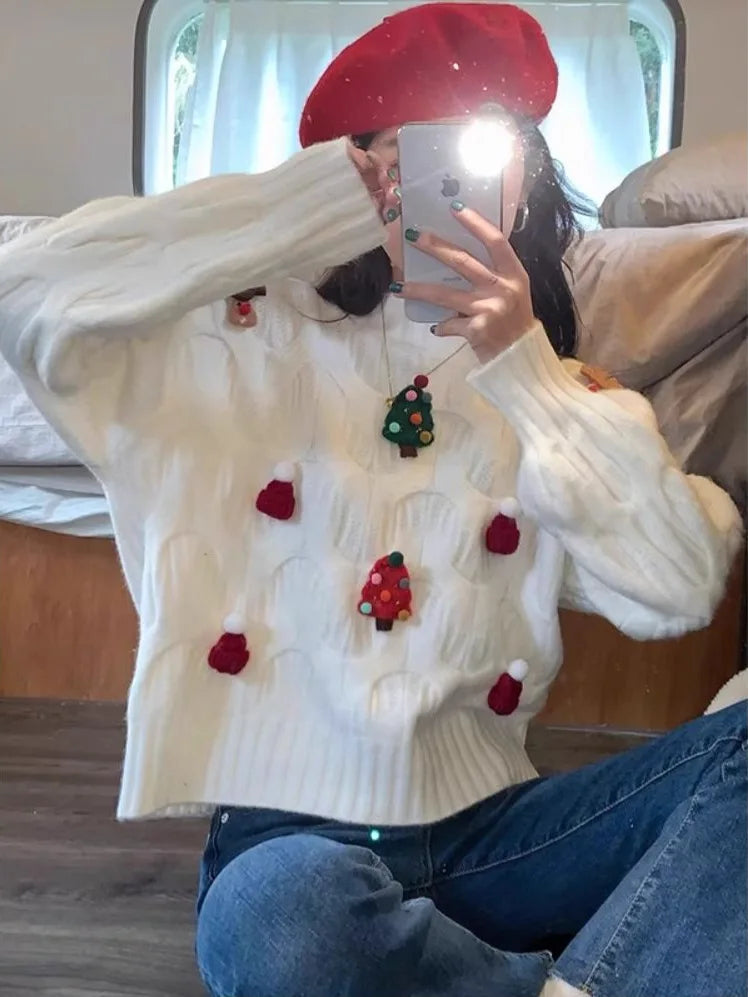 Weihnachtspullover Damen Grobstrick Rundhals Rentiere Tannenbäume Pompons