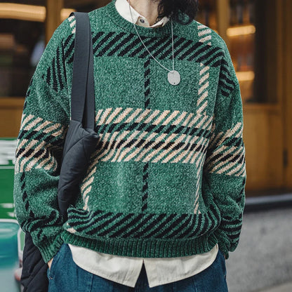Męski sweter w kratę z dzianiny, okrągły dekolt, długie rękawy