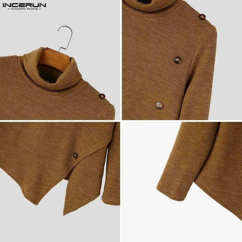 Herren Rollkragenpullover Asymmetrischer Strickpullover mit Knöpfen
