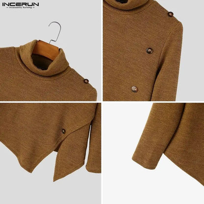 Herren Rollkragenpullover Asymmetrischer Strickpullover mit Knöpfen