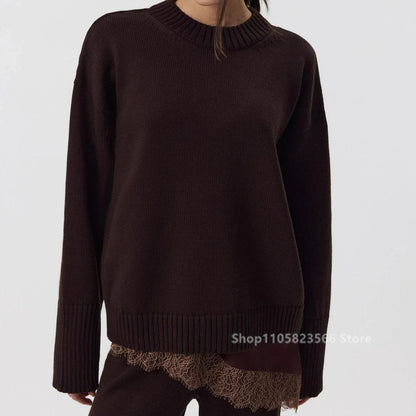 Damen Strickpullover Rundhalsausschnitt Oversize Langarm
