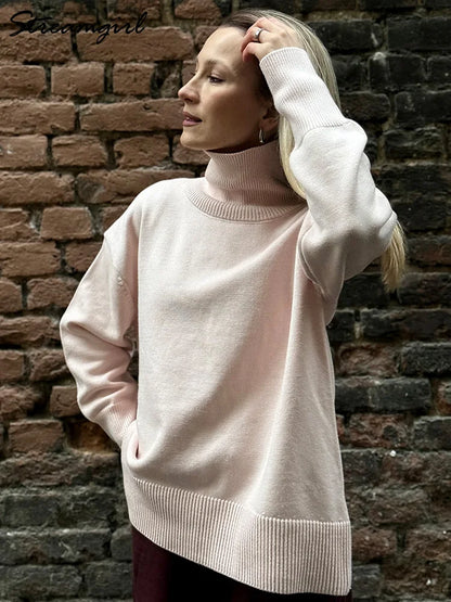 Dolcevita oversize da donna, maglione lavorato a maglia a maniche lunghe