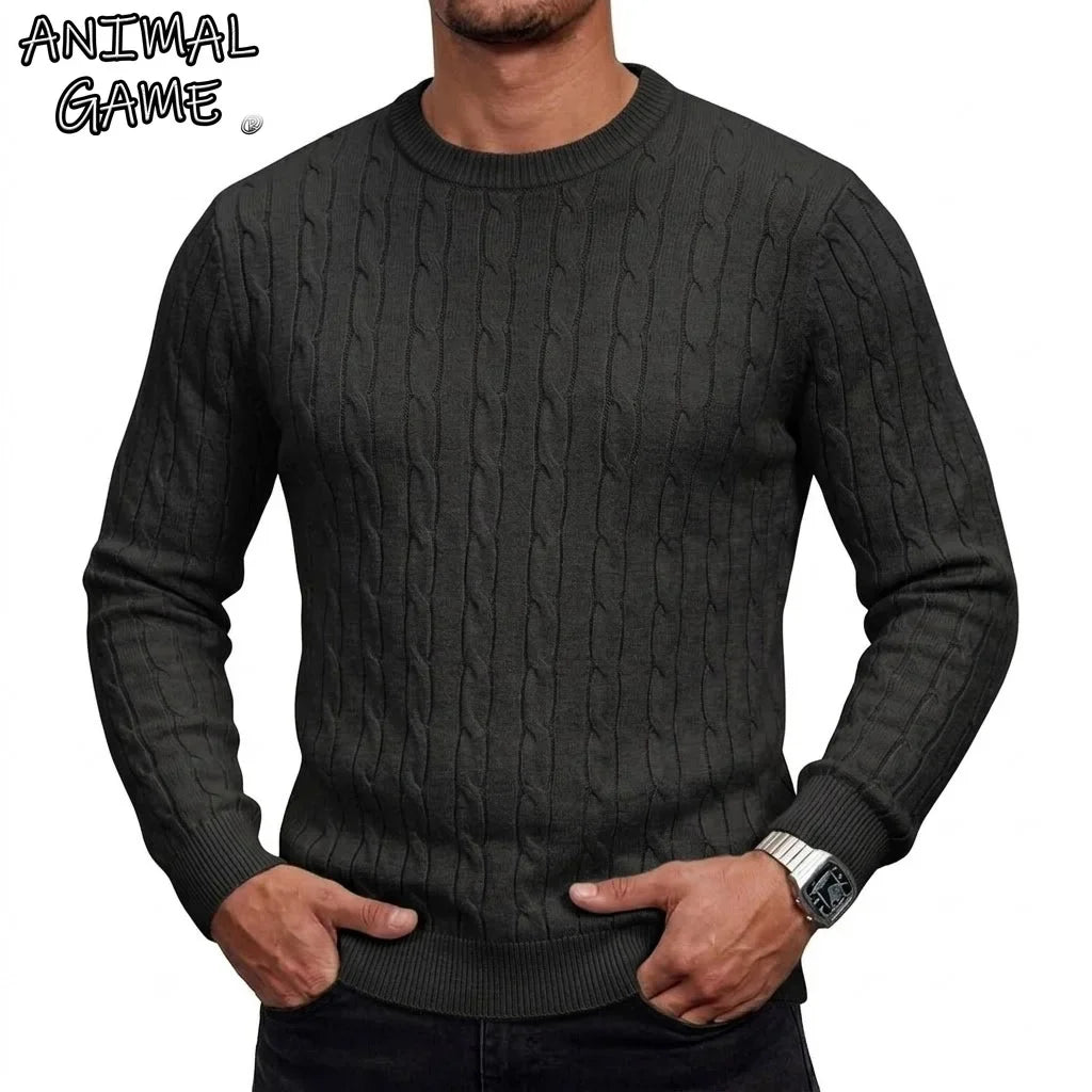 Herren Zopfmuster Pullover Rundhals Langarm Strickpullover