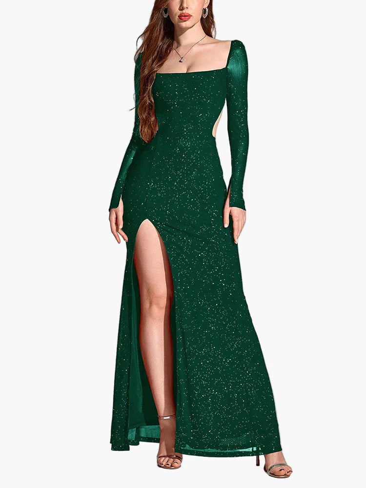 Robe de soirée femme avec fente et paillettes – Robe longue élégante pour occasions festives