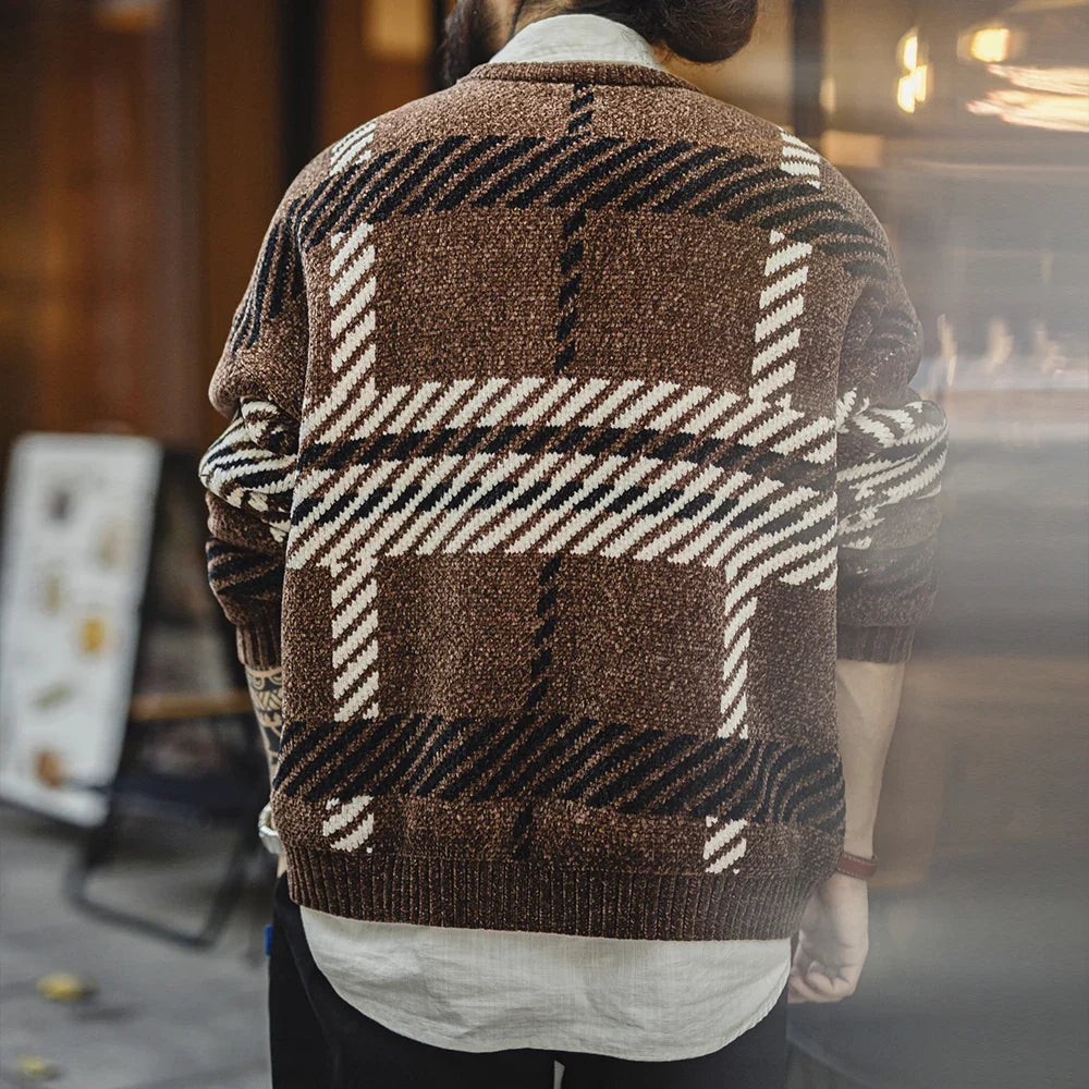 Męski sweter w kratę z dzianiny, okrągły dekolt, długie rękawy
