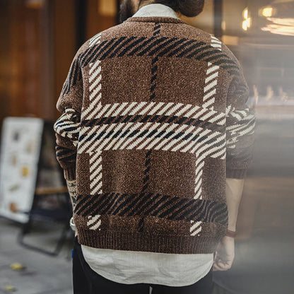 Męski sweter w kratę z dzianiny, okrągły dekolt, długie rękawy