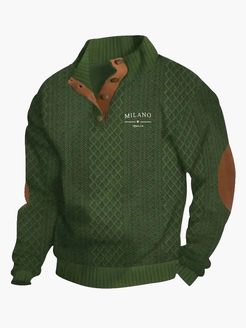 Heren gebreide trui Milano Italia vintage stijl met knoopsluiting en elleboogpatches – Vrijetijd & elegantie