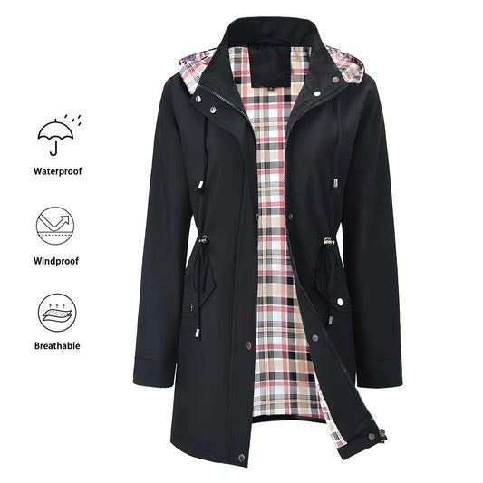 Veste de pluie pour femme avec capuche, coupe-vent, respirante, noire, doublure à carreaux
