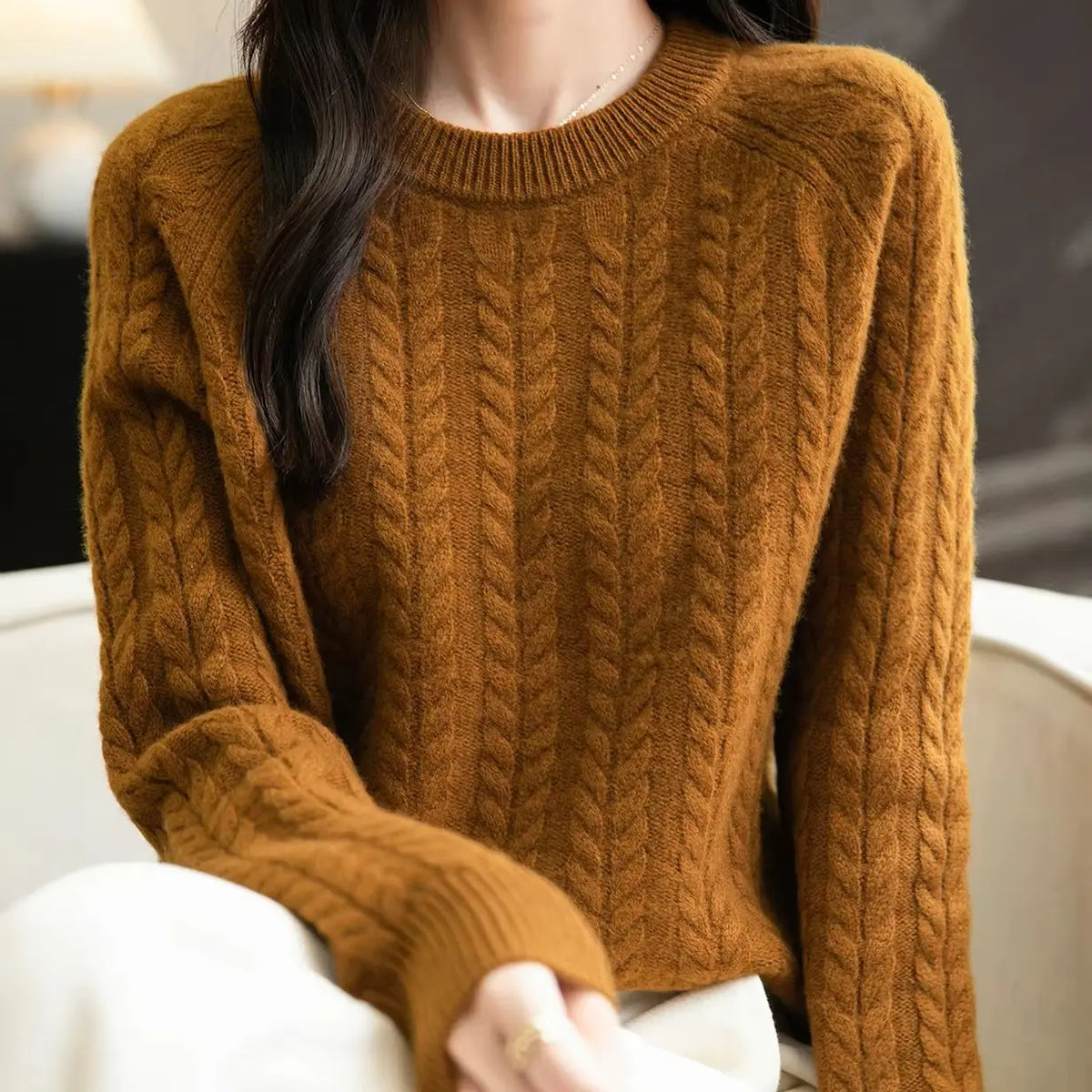 Maglione da donna con motivo a trecce, collo rotondo, maniche lunghe, lavorato a maglia