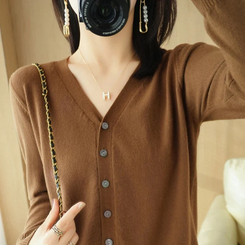 Damen Strickjacke V-Ausschnitt Knopfleiste Langarm Cardigan