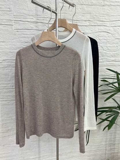 T-shirt en maille fine à manches longues pour femme, col rond