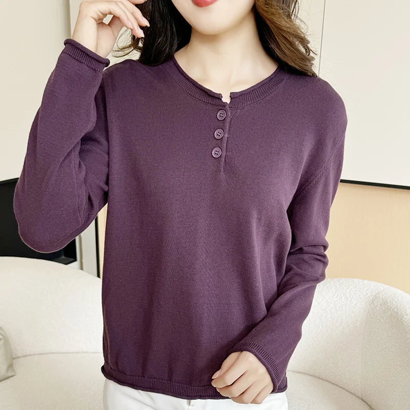 Damen Langarmshirt mit Knopfleiste, V-Ausschnitt, Feinstrick