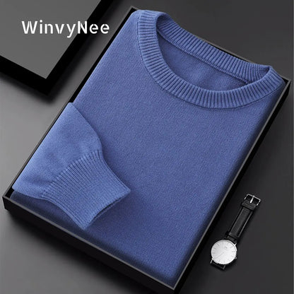 Pullover da uomo con scollo rotondo, in maglia, tinta unita, a maniche lunghe