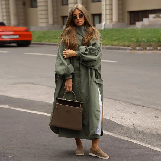 Lång kappa för damer, övergångsjacka med oversized ärmar och ståkrage