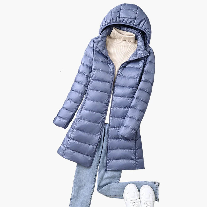 Dames winter gewatteerde mantel met capuchon – Stijlvolle lange outdoor puffer voor dagelijks en vrijetijd